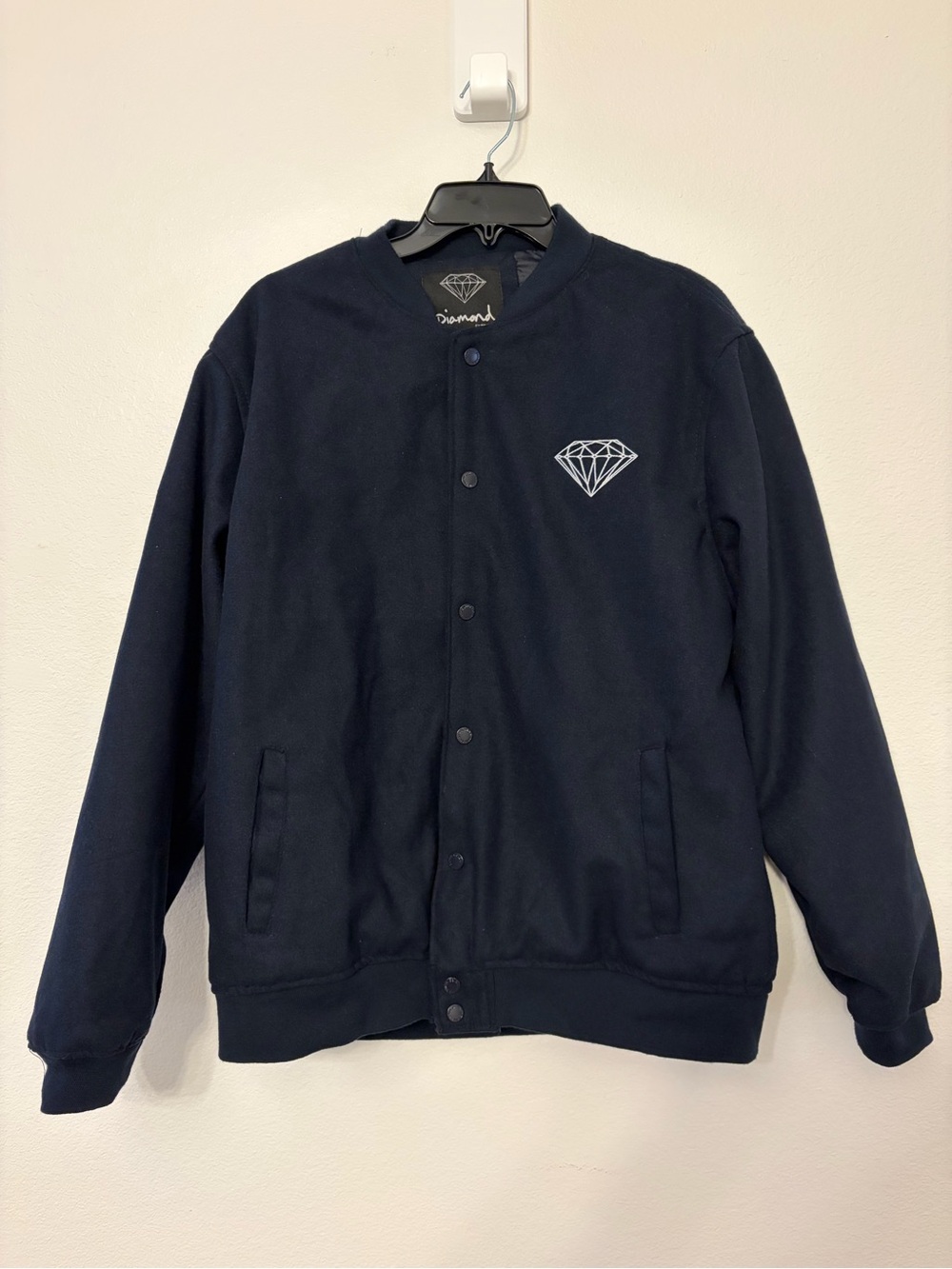 NWT Diamond Supply Co Varsity Jacket Navy Blue Embroidered Logo Snap Front Sz M